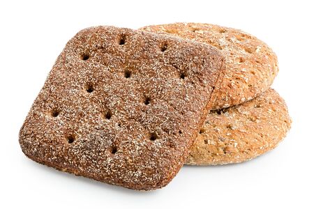 Two round oat wheat flat breads and one square rye flat bread isolated on white.の写真素材