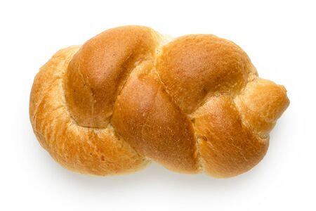 Plaited plain white bread roll isolated on white. Top view.の写真素材
