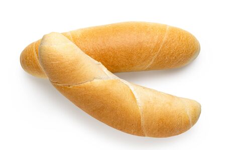 Two long white bread rolls isolated on white. Top view.の写真素材