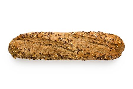 Traditional whole wheat baguette with linseeds and sesame seeds isolated on white. Top view.の写真素材