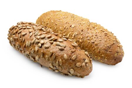 Long whole wheat sunflower seed bread roll and long whole wheat sesame seed bread roll isolated on white.の写真素材