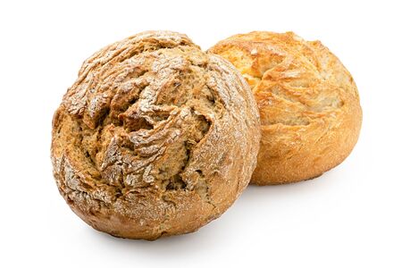 Two round rustic bread rolls isolated on white. White and whole wheat.の写真素材
