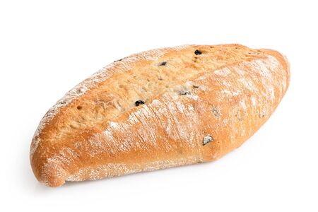 Ciabatta olive bread roll isolated on white.の写真素材