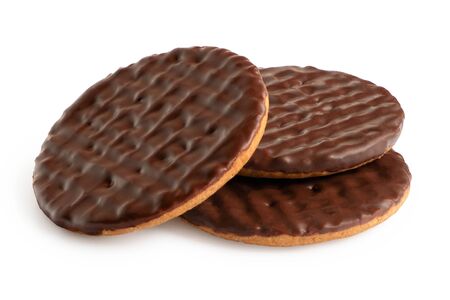 Three dark chocolate coated digestive biscuits isolated on white.の写真素材