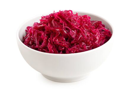 Red sauerkraut in a white ceramic bowl isolated on white.の写真素材