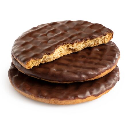 Stack of two and half dark chocolate coated digestive biscuits isolated on white.の写真素材