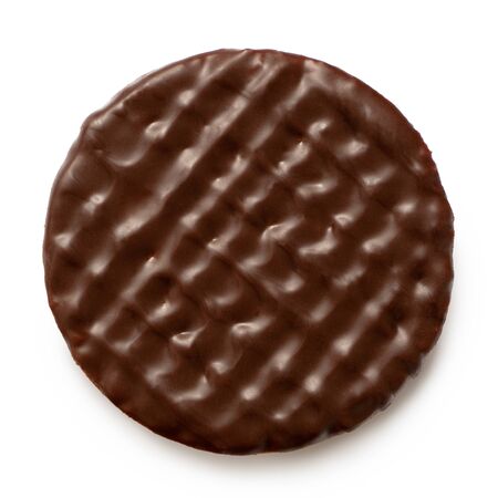 Dark chocolate coated digestive biscuit isolated on white. Top view.の写真素材