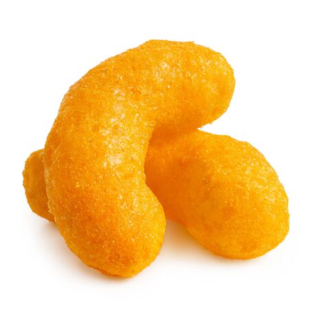 Two extruded cheese puffs isolated on white.の写真素材