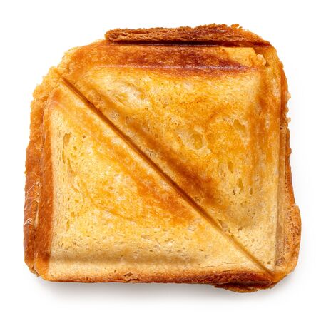 Toasted cheese sandwich from sandwich toaster isolated on white. Top view.の写真素材