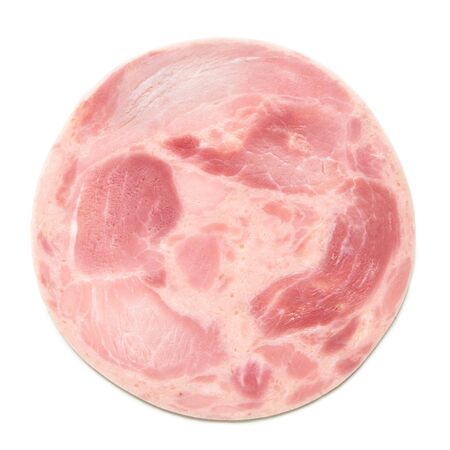 Single flat slice of round ham sausage isolated on white from above.の写真素材