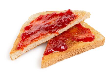Two triangles of white toast spread with butter and strawberry jam isolated on white.の写真素材