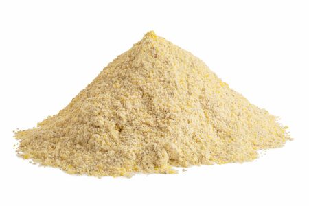 Heap of dried lentil flour isolated on white.の写真素材