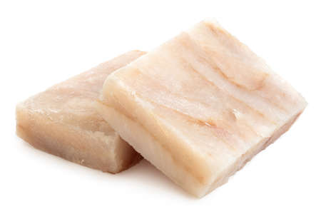 Two quick frozen pollock fillet blocks isolated on white.の写真素材