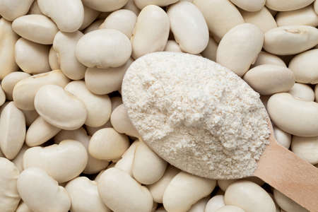 Spoonful of white bean gluten free flour on top of white beans. Top view.の写真素材