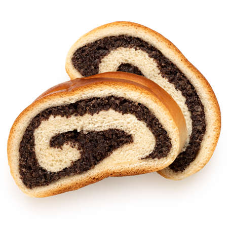 Two slices of Czech poppy seed strudel isolated on white. Top view.の写真素材