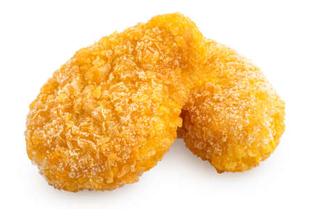 Two frozen gluten free cornflake crumb chicken nuggets isolated on white.の写真素材