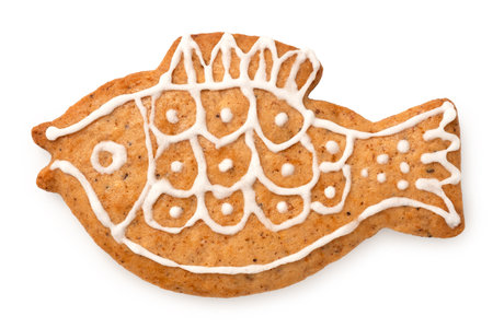 Decorated Christmas gingerbread cookie isolated on white. Top view.の写真素材