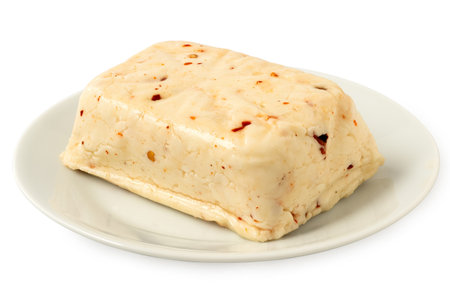 Block of halloumi cheese with red chilli on white ceramic plate isolated on white.の写真素材