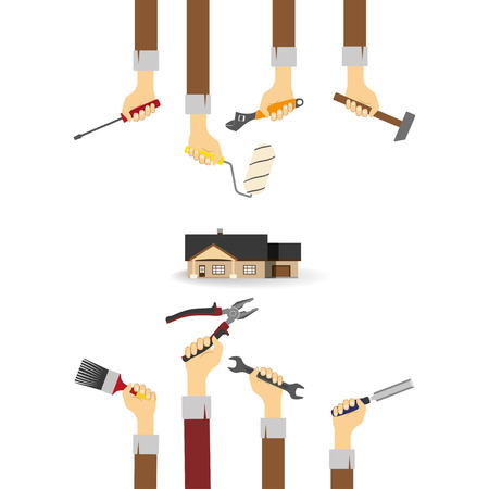 Hands with tools. Icon of house on a white background . Home repairs. Vector illustrationのイラスト素材