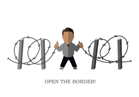 Poster "Open the border!". Silhouette of a refugee on a white background. Vector illustrationのイラスト素材