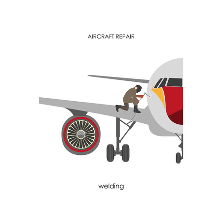Repair and maintenance aircraft. Welder repairing aircraft trim. Vector illustrationのイラスト素材
