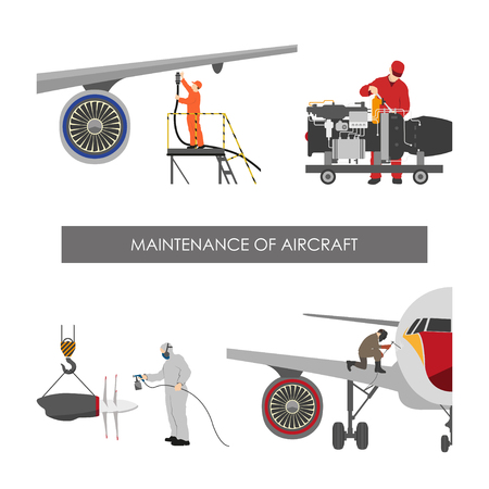 Repair and maintenance aircraft. Workers in overalls repair planes. Vector illustrationのイラスト素材