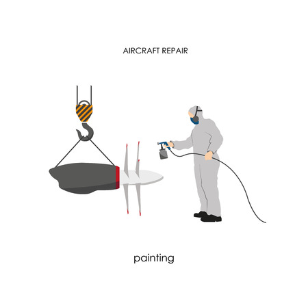 Repair and maintenance aircraft. Working paints aircraft engine. Vector illustrationのイラスト素材
