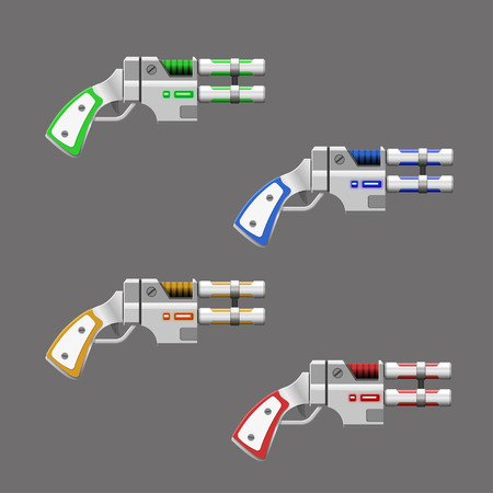 Video game weapon. Virtual reality device. Set of fantasy revolvers. Vector illustrationのイラスト素材