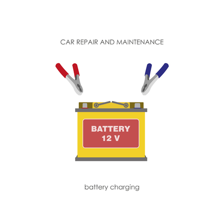 Car battery with terminals on a white background. Yellow accumulator. Vector illustrationのイラスト素材