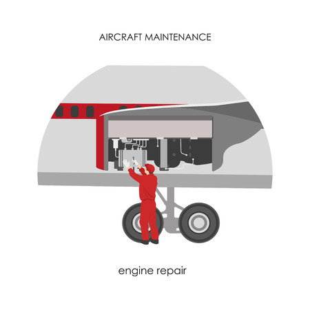 Mechanic repairing engine aircraft. Airplane maintenance. Vector illustrationのイラスト素材