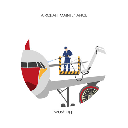 The worker is washing the plane is parked. Aircraft cleaning. Vector illustrationのイラスト素材