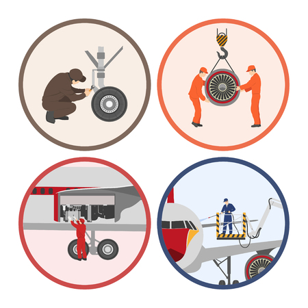 Repair and maintenance of aircraft . Set of aircraft parts in flat style on white background. Images in circles. Vector illustrationのイラスト素材