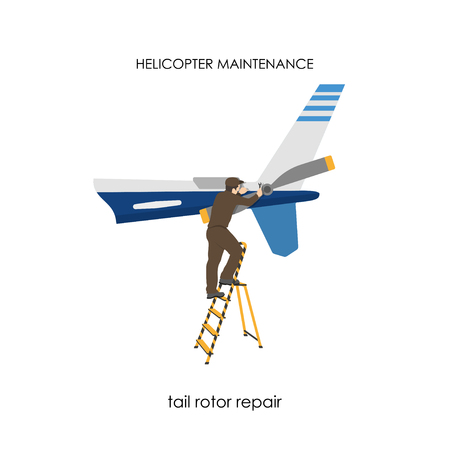 Repair and maintenance of helicopters. Repair of tail rotor. Vector illustrationのイラスト素材