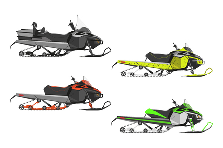 Set or snowmobiles on a white background. Transport for extreme winter sports. Vector illustrationのイラスト素材