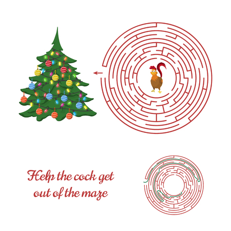 Christmas game: rooster in the maze. Help the cock get out of the labyrinth. Vector illustrationのイラスト素材