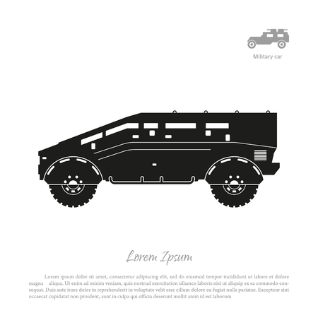 Black silhouette of military car on white background. War SUV in side view. illustrationのイラスト素材