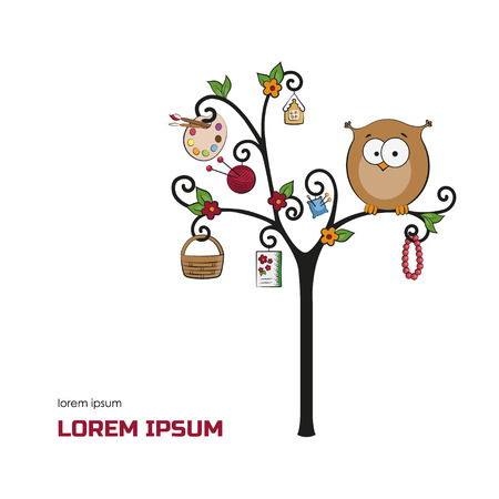 Funny owl on a branch. Tree with handmade tools. for the handcraft workshop. illustrationのイラスト素材