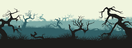 Silhouettes of broken trees and marsh grass. Swamp panorama. Horizontal image of old forest. Vector illustrationのイラスト素材