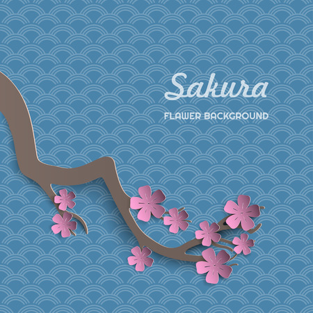 Paper sakura branch with flowers. Blooming cherry. 3d floral pattern. Vector illustrationのイラスト素材