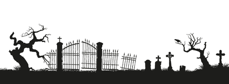 Black silhouettes of tombstones, crosses and gravestones. Elements of cemetery. Graveyard panorama. Vector illustrationのイラスト素材