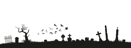 Black silhouettes of tombstones, crosses and gravestones. Elements of cemetery. Graveyard panorama. Vector illustrationのイラスト素材