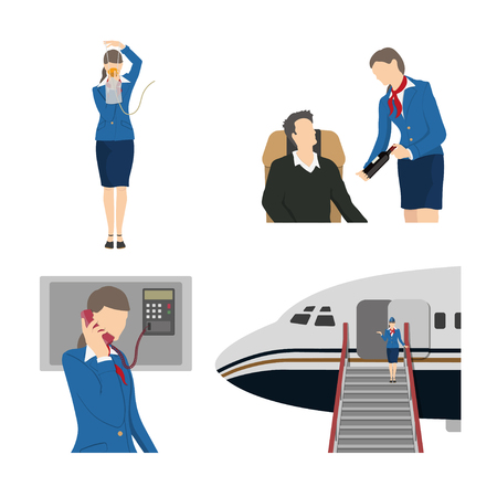 Stewardess serves passengers on the airplane. Attendant woman in uniform. Aircraft crew. Vector illustrationのイラスト素材