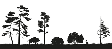 Black silhouette of forest trees on a white background. Panorama of forest with animals. Landscape of wild nature. Vector illustrationのイラスト素材