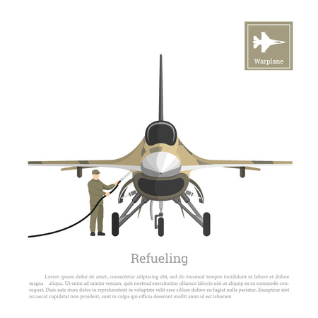 Refueling of a military aircraft. Repair and maintenance of airplane. Aerospace industry. Vector illustrationのイラスト素材