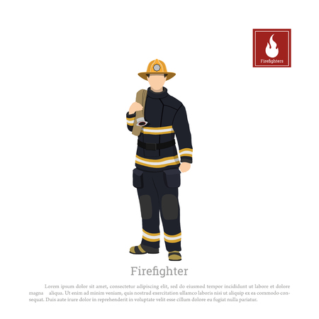 Firefighter with an fire hose on white background. Image of a fireman in a flat styleの写真素材