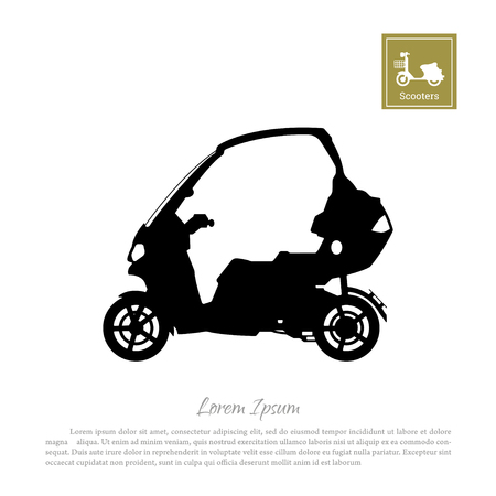 Black silhouette of scooter on white background. Side view. City motorcycle with roofのイラスト素材