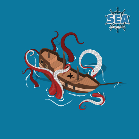 Broken sailer with kraken on blue background. Sailboat in isometric style. 3d illustration of ancient ship. Pirate gameのイラスト素材