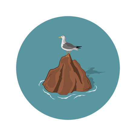 Seagull on a stone on a white background. An image of a gull in a cartoon style. Seascapeのイラスト素材