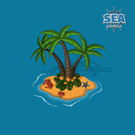 Tropical island with palm trees, crabs and sea star. Tropic in isometric style. Mobile gameのイラスト素材