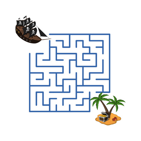 Maze in cartoon style. Pirate ship and treasure island. Childrens game labyrinth. Kids puzzleのイラスト素材